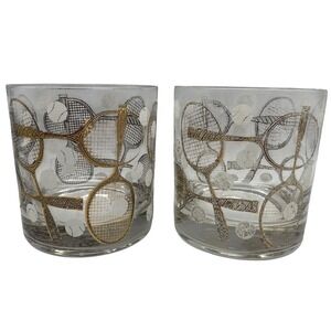 2 Vtg Georges Briard Tennis Rocks Glasses Racquets Balls MCM Tumblers Whiskey